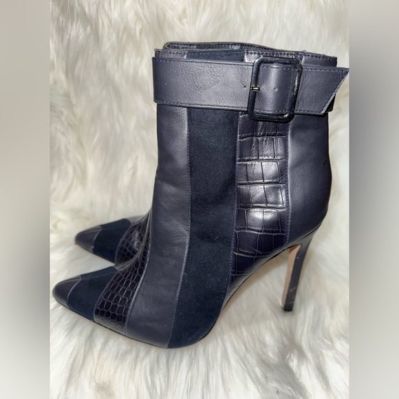Shoe Dazzle Black Heeled Boots with Geometric Stitching - Picture 2 of 7